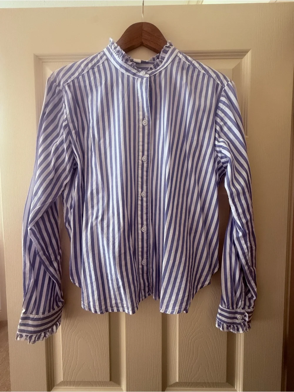 beachlunchlounge Blue and White Striped Ruffle Collar Shirt - Picture 1 of 7